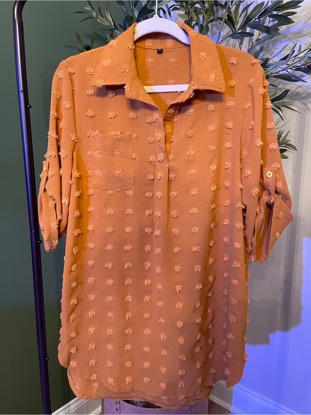 Amazon Women's Orange Textured Button-Up Long Sleeve Dress